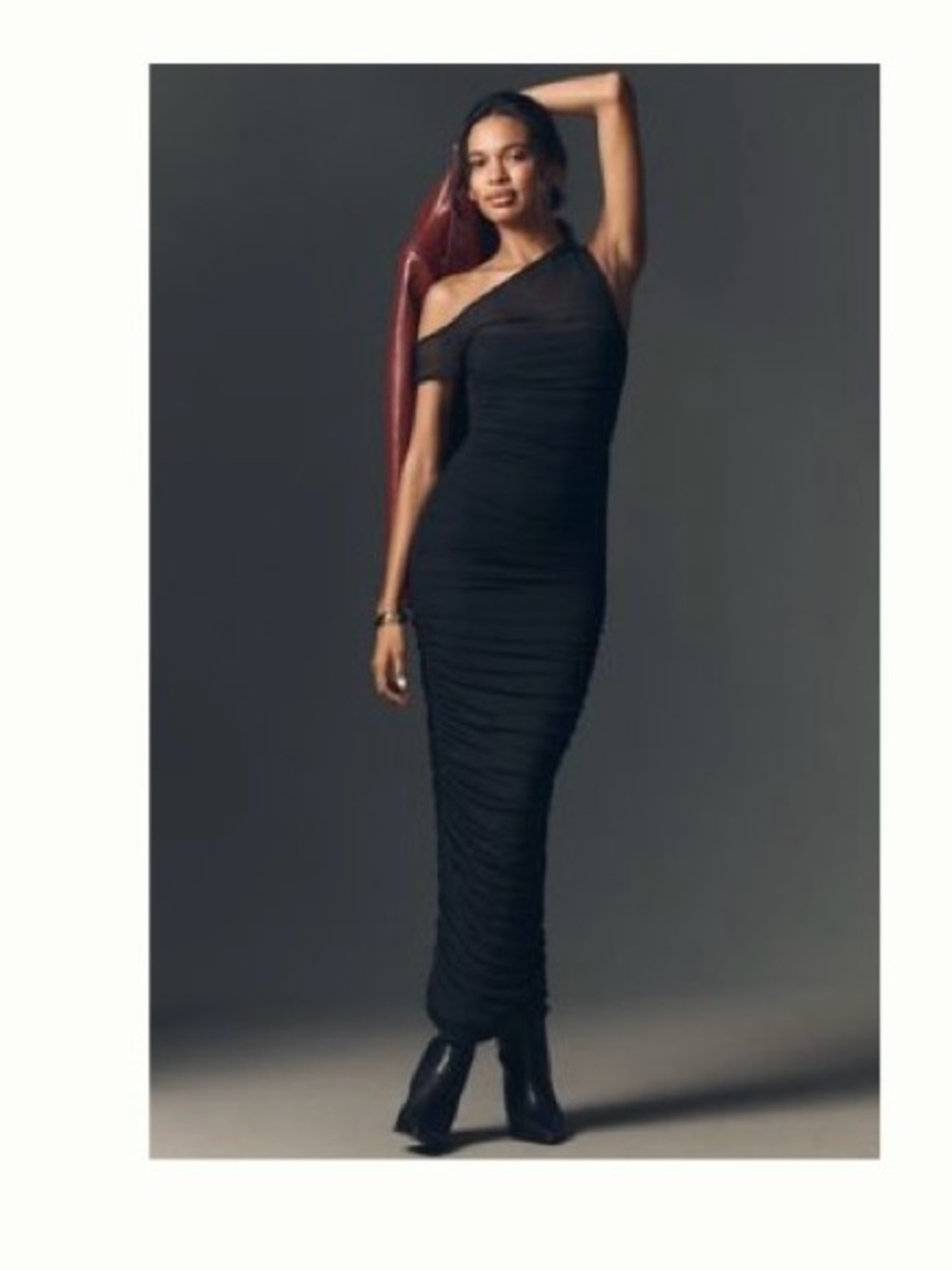 Anthropologie Black One-Shoulder Ruched Maxi Dress